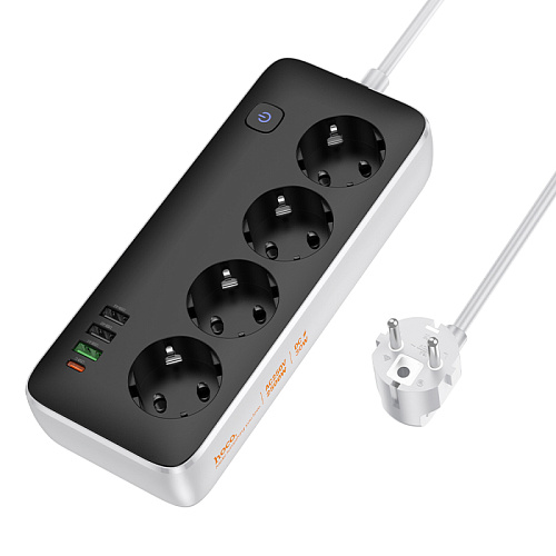 Сетевой фильтр на 4 розетки+3 USB+1 PD(30Вт), 1.5 м, AC22, Sunlight, HOCO, черный