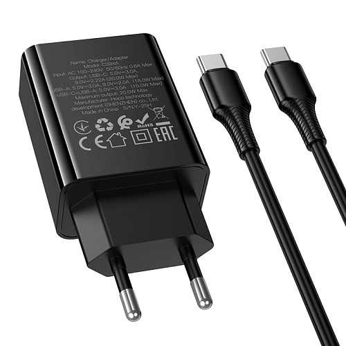 Сетевое зарядное устройство, 1 PD 20W + 1 USB 3.0 QC (CS94A), HOCO, Type-C to Type-C, черный