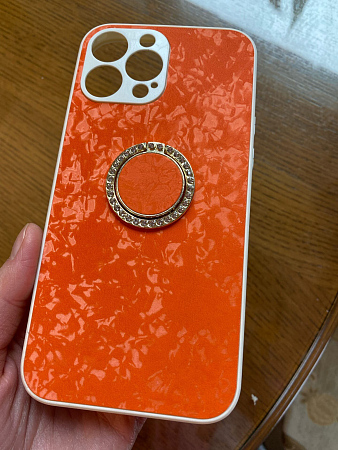 Чехол силиконовый для iPhone 13 Pro (6.1), с подставкой кольцом на палец со стразами, X-CASE, оранжевый