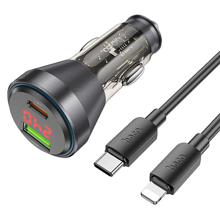 Автомобильное зарядное устройство, 1 USB QC3.0 18W, 1 PD 30W (NZ12B), HOCO, Type-С to Lightning, черный с прозрачным