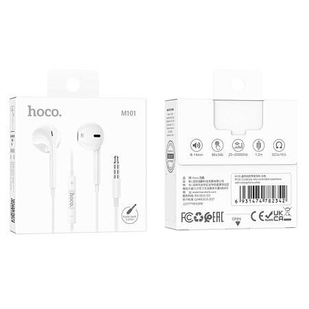 Проводные наушники M101, Crystal joy wire-controlled earphones with microphone, HOCO, белые