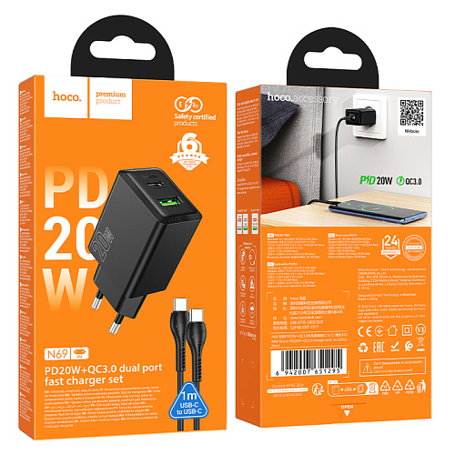 Сетевое зарядное устройство, 1 PD 20W + 1 USB 3.0 QC (N69), HOCO, Type-C to Type-C, черный