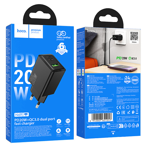 Сетевое зарядное устройство, 1 PD 20W + 1 USB 3.0 QC (N69), HOCO, черный