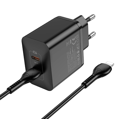 Сетевое зарядное устройство, 2 PD 45W (N35), HOCO, Type-C to Lightning, черный