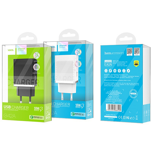 Сетевое зарядное устройство, 1 USB 3.0A (C42A), HOCO, белый