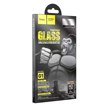 Защитное стекло для iPhone 15 Plus/16 Plus, G1, HOCO, Flash attach full screen silk screen HD tempered glass, черное