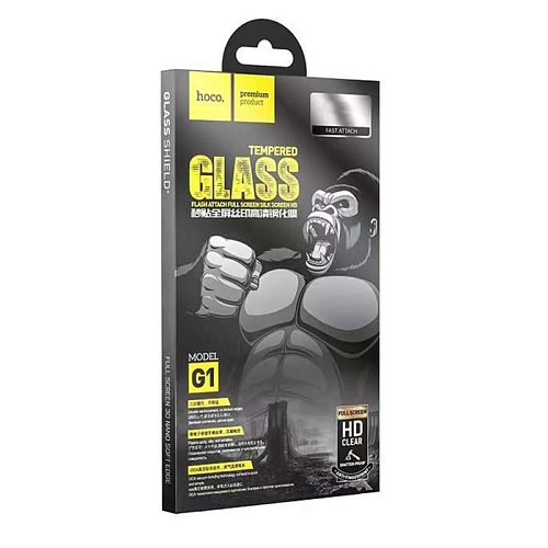 Защитное стекло для iPhone 15 Plus/16 Plus, G1, HOCO, Flash attach full screen silk screen HD tempered glass, черное