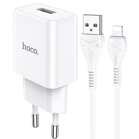 Сетевое зарядное устройство, 1 USB 2.1A (N9), HOCO, Lightning, Fast Charge, Безопасный сертификат, белый
