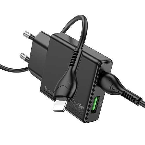 Сетевое зарядное устройство, 1 PD 20W + 1 USB 3.0 QC (N38), HOCO, Type-C to Lightning, черный