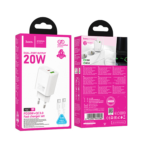 Сетевое зарядное устройство, 1 PD 20W + 1 USB 3.0 QC (N61), HOCO, Type-C to Type-C, белый