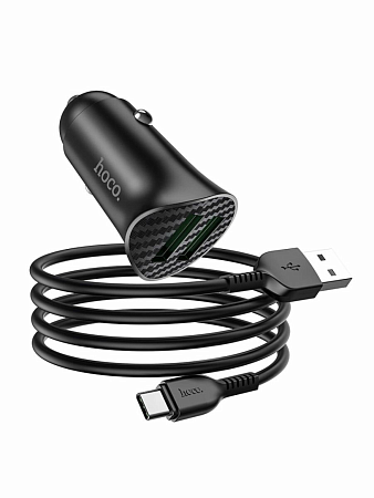 Автомобильное зарядное устройство, 2 USB 3.0 QC (Z39), 18W, HOCO, кабель Type-C, черный