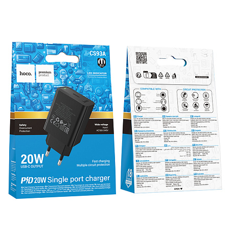 Сетевое зарядное устройство, 1 PD 20W  (CS93A), HOCO, цвет черный