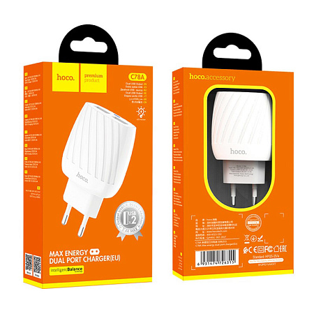 Сетевое зарядное устройство, 2 USB 2.4A (C78A), HOCO, белый