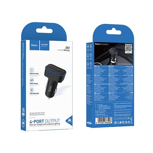Автомобильное зарядное устройство, 2 USB 5V/2.4A + 2 PD 5V/3A (Z63), HOCO, черный