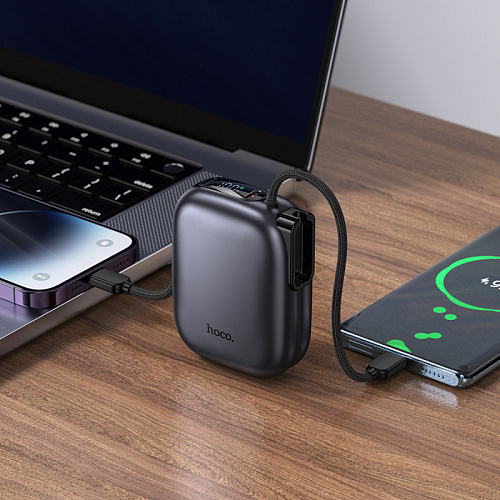 Универсальный Доп. Аккумулятор 10000mAh, Q49, HOCO, выход 1 PD (20W), кабель: Type-C, Lightning, с дисплеем, серый