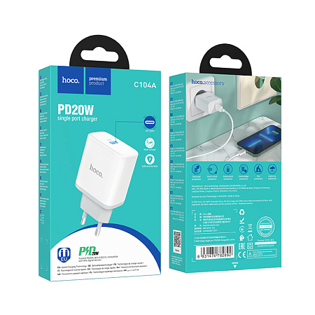 Сетевое зарядное устройство, 1 PD 20W (C104A), HOCO, белый