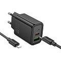 Сетевое зарядное устройство, 1 PD 30W + 1 USB 3.0 QC (N63), HOCO, Type-C to Lightning, черный