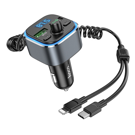 Bluetooth FM модулятор, E74, HOCO, с кабелем Type-C и Lightning, серый