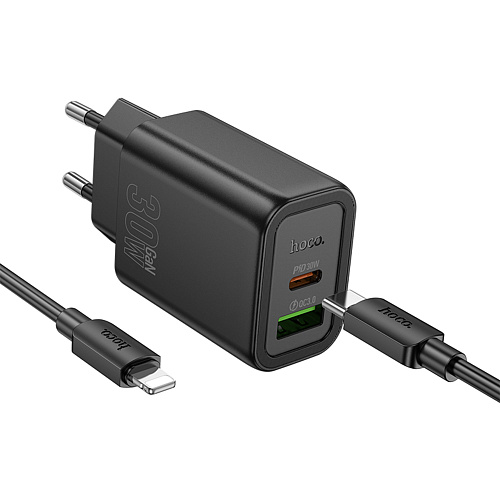 Сетевое зарядное устройство, 1 PD 30W + 1 USB 3.0 QC (N63), HOCO, Type-C to Lightning, черный