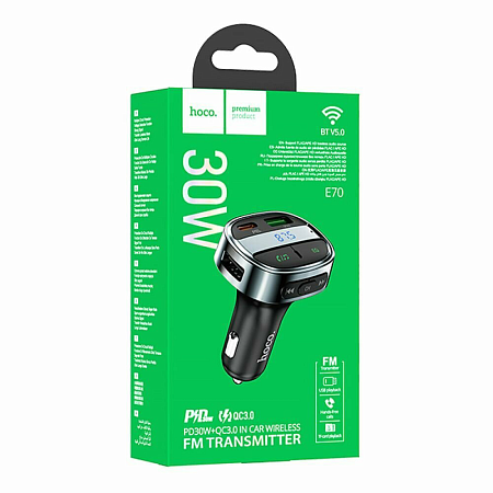 Bluetooth FM модулятор, E70, HOCO, 1 PD 30W+1 USB QC3.0, черный