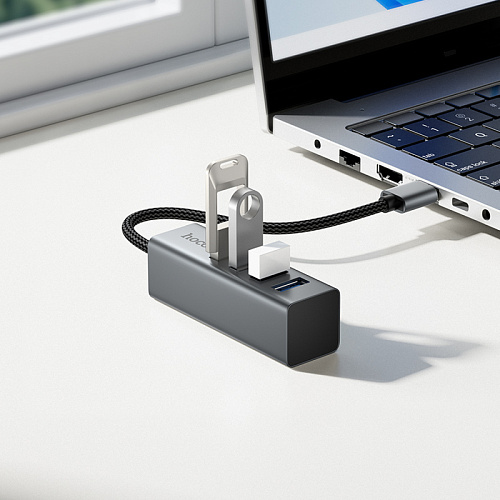 USB Хаб (HB1B) c 1 USB на 4 USB 3.0, HOCO, скорость передачи: до 5 Гбит/с, серый