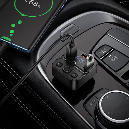 Bluetooth FM модулятор, E87, HOCO, 1 USB QC3.0+1 PD (20Вт)+1 USB 5V/0.5A, черный