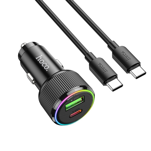 Автомобильное зарядное устройство, 1 USB QC3.0 18W, 1 PD 20W (NZ14A), HOCO, кабель Type-С to Type-С, черный