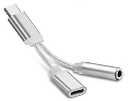 Переходник Type-C на 3,5mm Jack+ зарядка Type-C, музыка+разговор, регулировка громкости, серебристый
