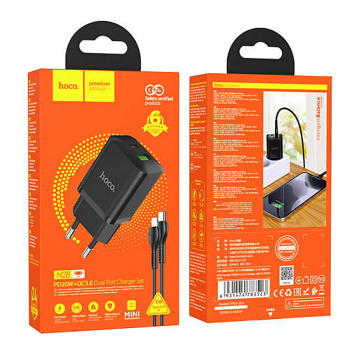 Сетевое зарядное устройство, 1 PD 18W + 1 USB 3.0 QC (N28), HOCO, Type-C to Lightning, черный