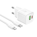 Сетевое зарядное устройство, 1 PD 20W + 1 USB 3.0 QC (N65), HOCO, Type-C to Lightning, белый