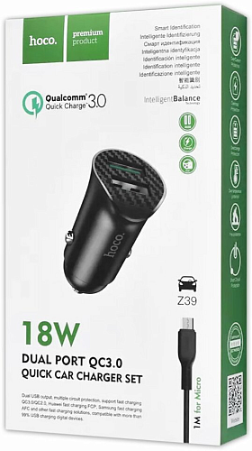 Автомобильное зарядное устройство, 2 USB 3.0 QC (Z39), 18W, HOCO, кабель Micro, черный