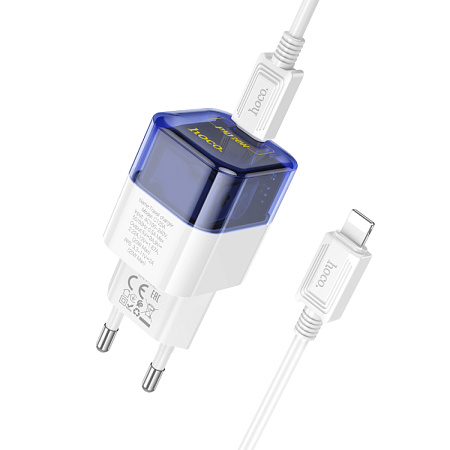 Сетевое зарядное устройство, 1 PD 20W (C125A), HOCO, Type-C to Lightning, прозрачный с синим