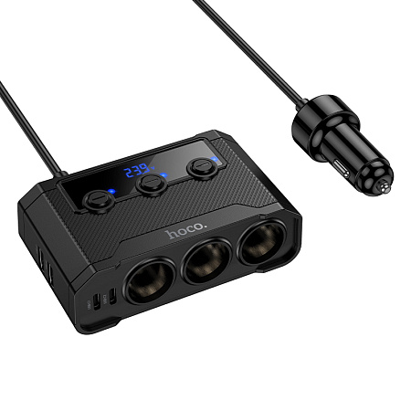Разветвитель прикуривателя на 2 USB 5В 2.4А + 2 PD 5В 3А + 3 прикуривателя на проводе Z64, с дисплеем, черный