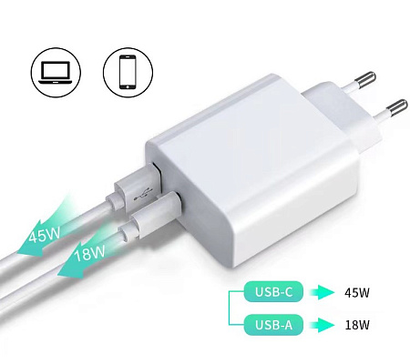 СЗУ, 1 USB 3.0 18W+1 PD 45W, белый