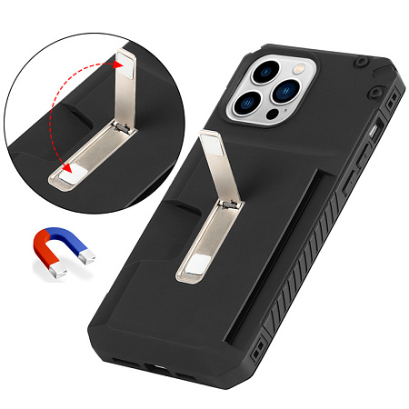 Чехол силиконовый для iPhone 14 Pro (6.1), с карманом для карты, противоударный с подставкой, DU DU, черный