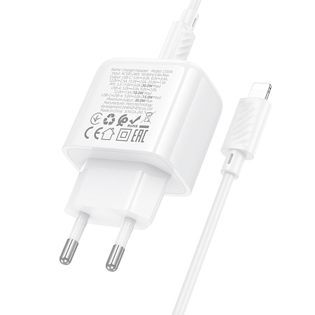 Сетевое зарядное устройство, 1 USB 3.0 QC+1 PD 30W (CS55A), HOCO, Type-C to Lightning, белый