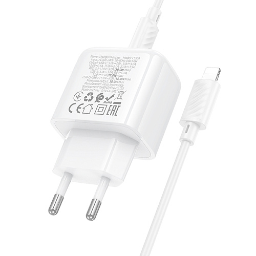 Сетевое зарядное устройство, 1 PD 30W + 1 USB 3.0 QC (CS55A), HOCO, Type-C to Lightning, белый