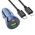 Автомобильное зарядное устройство, 1 USB QC3.0+1 PD 30W (Z47A), HOCO, кабель Type-C to Lightning, прозрачный с синим