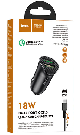 Автомобильное зарядное устройство, 2 USB 3.0 QC (Z39), 18W, HOCO, кабель Type-C, черный