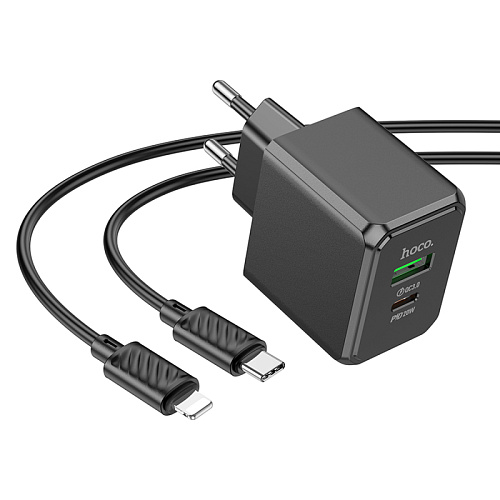 Сетевое зарядное устройство, 1 PD 20W + 1 USB 3.0 QC (CS14A), HOCO, Type-C to Lightning, черный