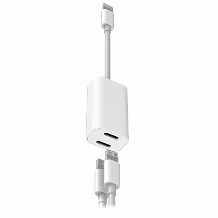 Переходник Lightning to наушники Lightning + зарядка Lightning, без bluetooth, со шнуром, музыка+зарядка, белый