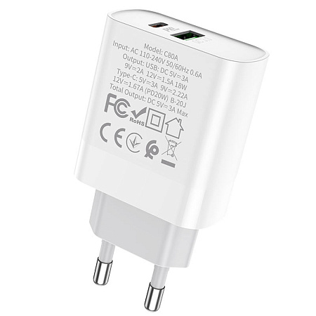 Сетевое зарядное устройство, 1 PD 20W + 1 USB 3.0 QC (C80A), HOCO, белый