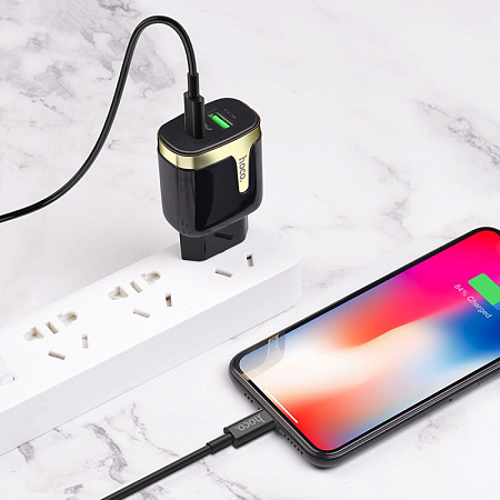 Сетевое зарядное устройство, 1 PD 18W + 1 USB 3.0 QC (C79A), HOCO, Type-C to Lightning, черный