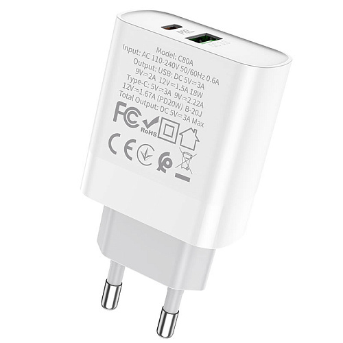 Сетевое зарядное устройство, 1 PD 20W + 1 USB 3.0 QC (C80A), HOCO, белый