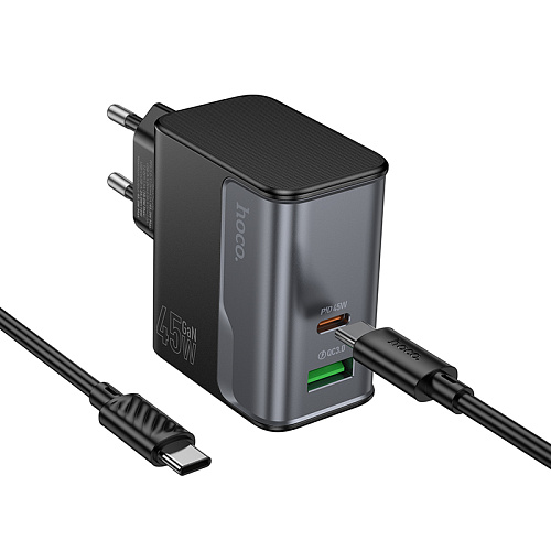 Сетевое зарядное устройство, 1 PD 45W + 1 USB 3.0 QC (CS74A), HOCO, Type-C to Type-C, черный