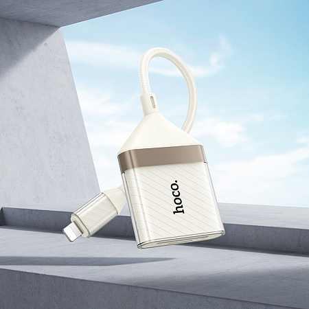 Картридер 2 в 1, Lightning, UA40, HOCO, поддержка TF/SD карт, с проводом, белый