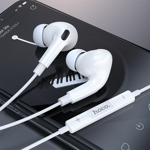 Проводные наушники M101 Pro, Crystal joy wire-controlled, HOCO, вакуумные с микрофоном, белые