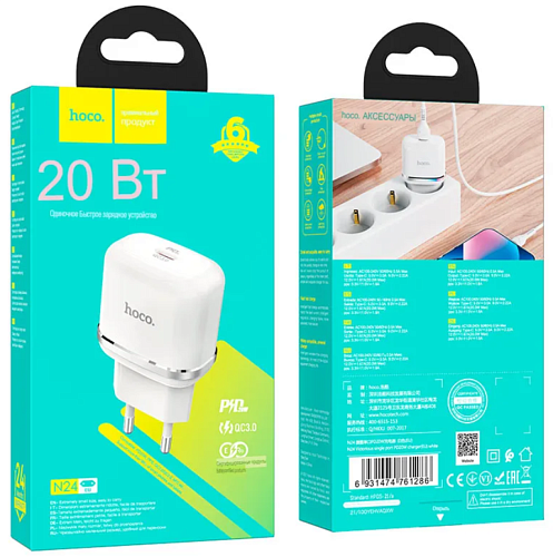 Сетевое зарядное устройство, 1 PD 20W + 1 USB 3.0 QC (N24), HOCO, белый
