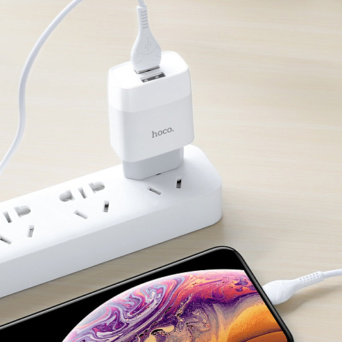 Сетевое зарядное устройство, 2 USB 2.4A (C73A), HOCO, Lightning, белый