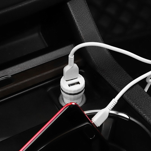 Автомобильное зарядное устройство, 2 USB 2.4A (Z27), usb cable micro, HOCO, белый